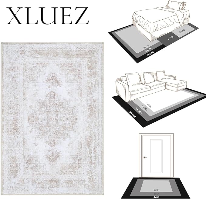 Area Rug 5x7 Living Room Rug, Machine Washable Vintage Distressed Medallion Rug Non-Slip Soft Low Pile Large Indoor Rugs for Bedroom Kitchen Dining Room Office(Beige,5'x7')