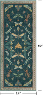 Brown and Green Kitchen Sink Runner Rug 2x5 - Teal Boho Bathroom Rugs for Entrance Indoor, Insect Print Floral Vintage Unique, Washable Non Skid Stain Resistant