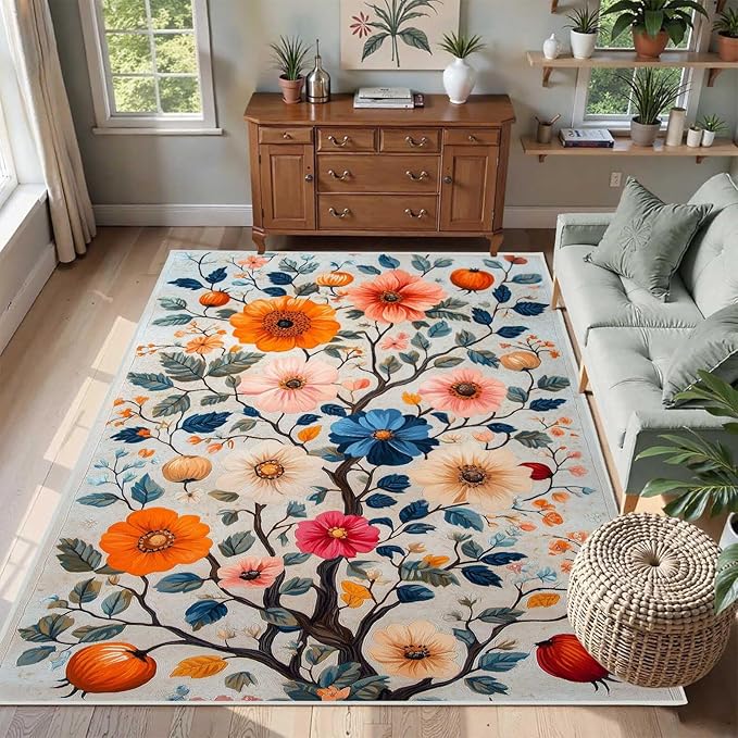 5x8 Colorful Flower Area Rugs, Floral Vintage Large Rugs, Floral Rugs, Botanical Rug, Washable Boho Botanical Non Slip Carpet for Living Room, Bedroom, Kids Room