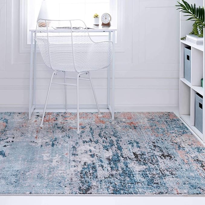 Rugs.com Leipzig Collection Area Rug – 4' x 6' Blue Low-Pile Rug Perfect for Entryways, Kitchens, Breakfast Nooks, Accent Pieces…