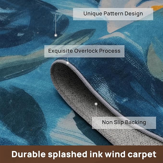 5x7 Camellia Floral Rugs, Modern Washable Flower Pattern Area Rug for Bedroom, Soft Large Non-Slip Kitchen Carpet Floor Door Mat for Living Room Dining Room Office - Navy Blue