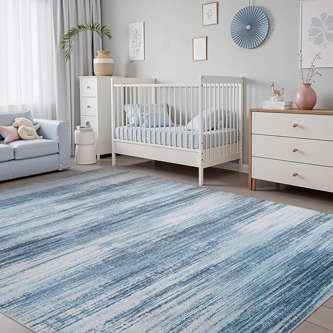 PADOOR Modern Abstract Area Rug - 8x10 Washable Rugs Non-Slip, Large Rug Ultra Soft Low Pile Rugs for Living Room Bedroom Dining Room Nursery Room Playroom Blue