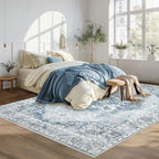 6x9 Area Rugs Washable Rugs for Living Room, Vintage Boho Rug Non-Slip Soft Floral Distressed Rug Low Pile Stain Resistant Carpet for Bedroom Nursery Office Dining Room Farmhouse Dorm(Blue, 6'x9')