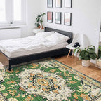 Bohemian Pattern Rectangular Area Rugs for Living Room Bedroom 2.8 x 5 ft Green & Orange Abstract Non-Shedding Soft Low Pile Rug Non Slip Washable Rug for Nursery Entryway Playroom