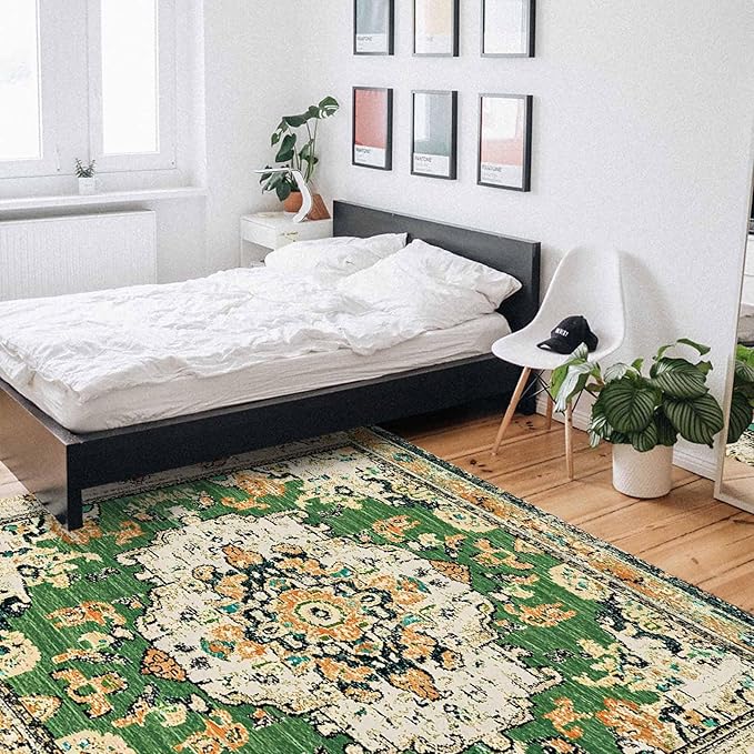 Bohemian Pattern Rectangular Area Rugs for Living Room Bedroom 5 x 8 ft Green & Orange Abstract Non-Shedding Soft Low Pile Rug Non Slip Washable Rug for Nursery Entryway Playroom