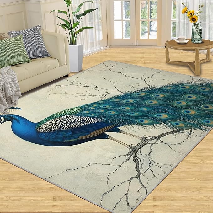 Peacock Area Rug 5x6-5x6 Rug, Peafowl Rugs for Living Room, Teal Turquoise Carpet, Modern Style Washable Area Rugs for Bedroom, Peacock Feather Carpet - Peafowl Home Decor & Gifts