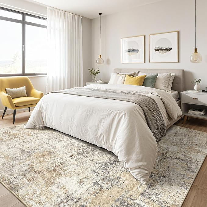 Area Rugs 9x12 Living Room: Washable Large Abstract Neutral Modern Soft Rugs Stain Resistant Indoor Floor Non-Slip Accent Carpet for Bedroom Nursery Playroom Office Dining Room Home Decor- Gray Gold
