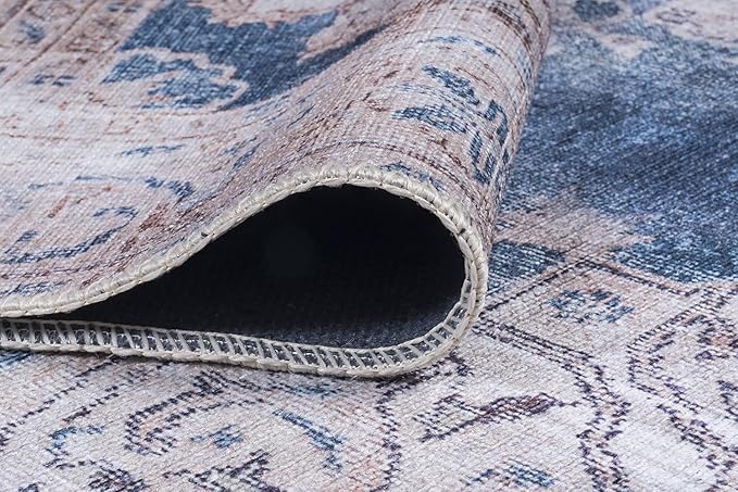 GLN Rugs Traditional Collection - Machine Washable Area Rug, Traditional Washable, Non Slip, Low Pile Chenille Rug, Living Room, Bedroom, Kitchen Rug (5' x 7' Cream/Navy)
