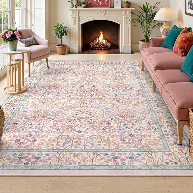 Lahome Floral Washable Rugs 8x10, Soft 8x10 Area Rugs for Living Room Bedroom, Boho Non-Slip Pink Forest Design Large Throw Carpet for Farmhouse Dining Room Office, Pink