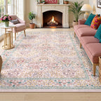 Lahome Floral Washable Rugs 8x10, Soft 8x10 Area Rugs for Living Room Bedroom, Boho Non-Slip Pink Forest Design Large Throw Carpet for Farmhouse Dining Room Office, Pink