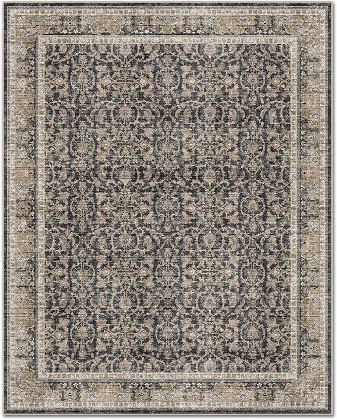 Washable 8x10 Area Rugs for Living Room, Boho Non-Slip Vintage Distress Large Rugs for Bedroom Dining Room Nursery Office, 0.3" Neutral Oriental Throw Thin Carpet, Black/Brown/Blue/Multi