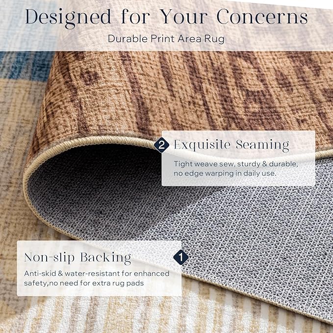 Phantoscope Washable Runner Rug 2'x6' Non-Slip, Modern Neutral Boho Hallway Rugs for Entryway, Stair, Bedroom, Abstract Geometric Blocks Pattern, Low-Pile Foldable Floor Carpet, Warm Terracotta/Cream