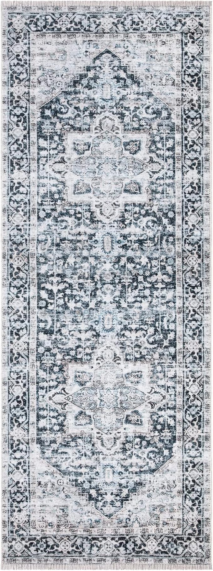 Bloom Rugs Caria Washable Non-Slip 12 ft Runner - Denim Blue Traditional Runner for Entryway, Hallway, Bathroom, and Kitchen - Exact Size: 2'6" x 12'