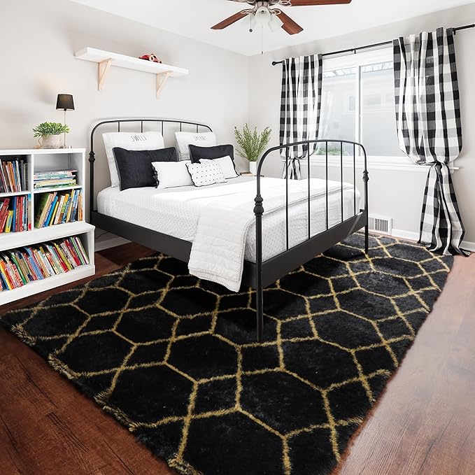 ONASAR 5x8 Rugs for Living Room Bedroom, Washable Fluffy Black and Gold Area Rug, Geometric Boho Soft Plush Shaggy Floor Carpet Mat for Nursery Kids Girls Boys Teen Dorm Home Decor Aesthetic