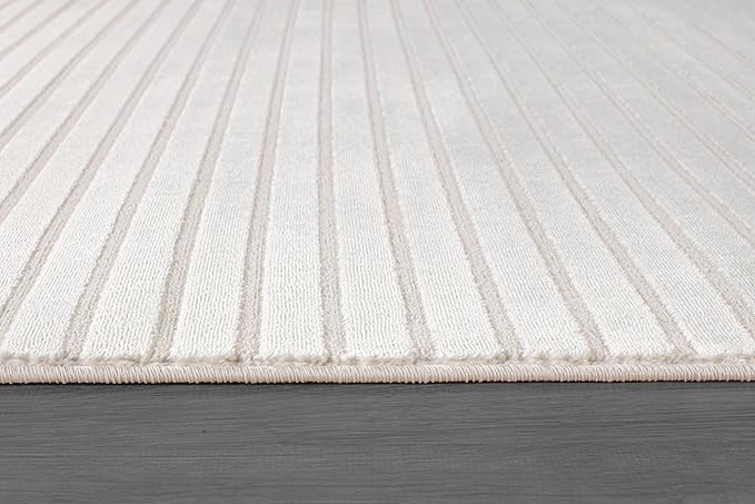 Beverly Rug Modern Geometric Area Rug 6x9 Low-High Pile Durable Soft Abstract Striped Indoor Rugs for Living Dining Room Office Stain Resistant Non Shedding Casual Indoor Carpet Beige White 6 x 9