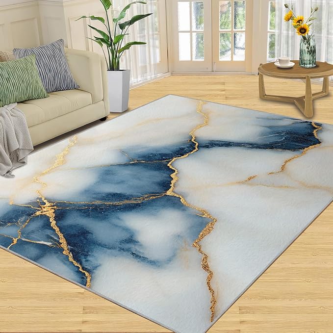 5x8 Abstract Marble Kids Rug - Blue-White-Marble Dining Room Rug, Luxury Stone Pattern Area Rugs Indoor Modern Rugs for Bedroom Hardwood Floors Teen Room
