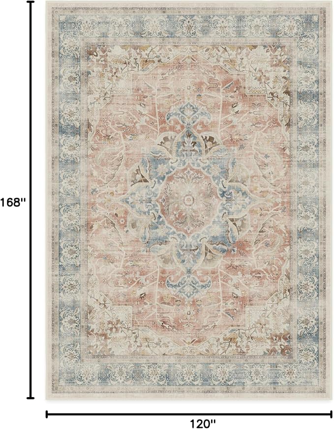RUGGABLE Washable Vintage Area Rug – Sarrah Coral 10x14, Stain-Resistant, Non-Slip – Large Machine Washable Rugs for Living Room, Bedroom, Hallway, Entryway & Office–with Standard Pad