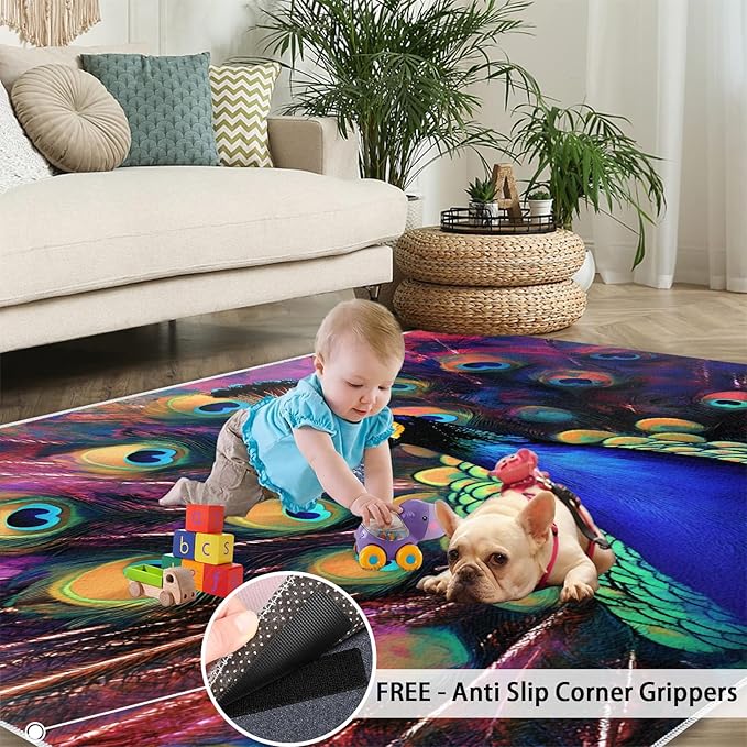 Peacock Rugs for Bedroom - 3x5 Area Rug - Watercolor Peacock Rugs for Living Room, Abstract 3D Animal Rug, Non-Slip Washable Home Decor Carpet