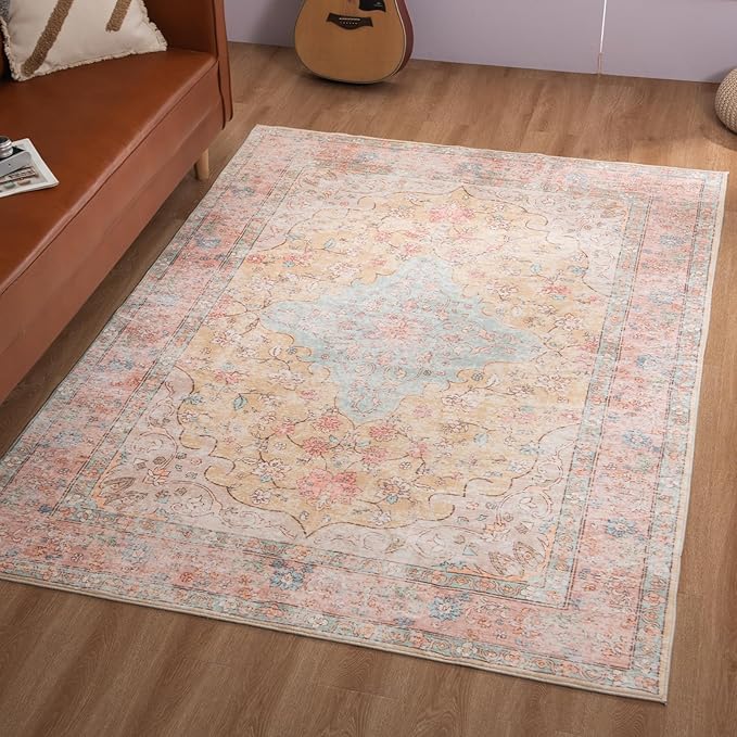 5x7 Washable Rug – Boho Non-Slip Indoor Area Rug for Living Room, Bedroom, Dining Room, Entryway – Soft Peach and Sky Blue with Blush Accents