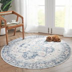jinchan Kelda Round Rug 5ft Washable Area Rug Indoor Vintage Floor Cover Distressed Circle Mat 5' Round Lightweight Non Slip Low Pile Thin Carpet for Entryway Kitchen Living Room Bedroom Blue