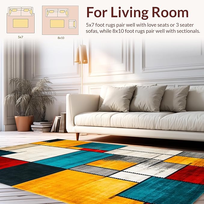 Flatwoven High Traffic Area Rug 8x10, Eclectic Mosaic Patchwork with Distressed Abstract Shapes and Lines, Non Slip, Stain Resistant, Washable Area Rugs for Living Room, Bedroom (Red, 8x10)