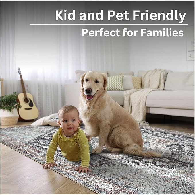 Bloom Rugs Washable Non-Slip 4' x 6' Rug - Charcoal/Brown Traditional Medallion Area Rug for Living Room, Bedroom, Dining Room, and Kitchen - Exact Size: 4' x 6'