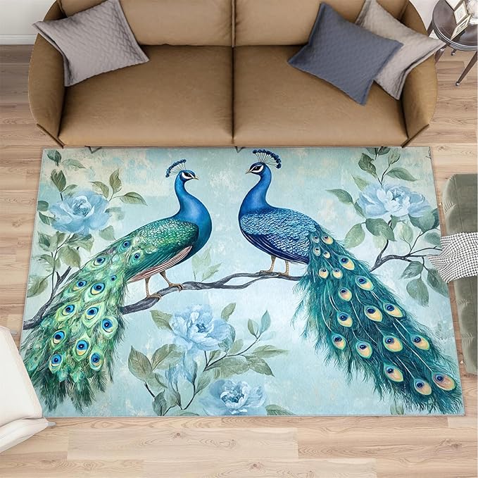 Peacock Rugs for Living Room - 5x6 Rug, Classic Peacock Floral Area Rugs for Bedroom, Teal Turquoise Rug, Modern Style Washable Carpet, Aesthetics Carpet - Peafowl Home Decor & Gifts