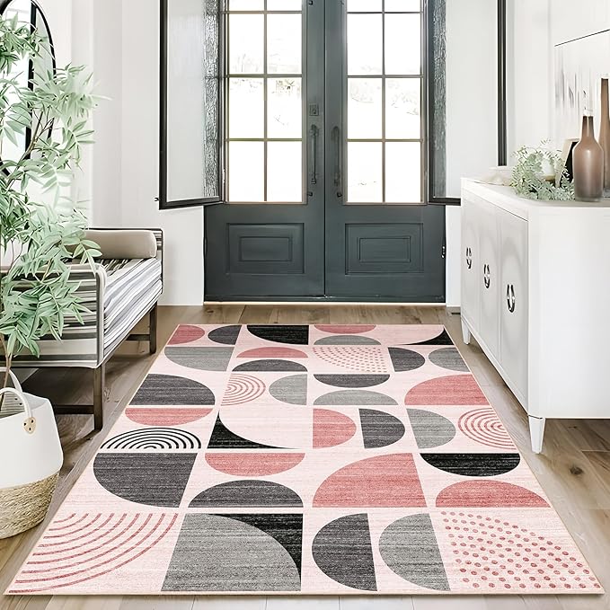 MUJOO Pink Rug Boho Washable,3x5 Area Rugs for Bedroom Entryway Living Room Bedside,Small Throw Floor Carpet Non Slip Soft Indoor Modern Abstract Pink and Grey
