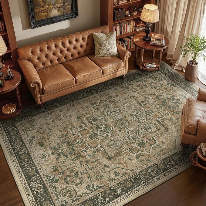 Moody 6x9 Area Rugs for Living Room, Low Pile Thin Washable Non Slip Rugs for Bedroom Dining Room, Vintage Medallion Distressed Carpet for Home Office Guest Room, Multi Brown/Slate Green
