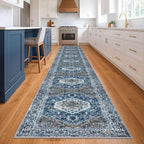 KOZYFLY Runners for Hallways 3x20 Ft Extra Long Washable Kitchen Thin Runner Rug Boho Runner Rug for Entryway Indoor Blue Printed Oriental Faux Wool Stair Floor Carpet Runner for Stair Kitchen Hall