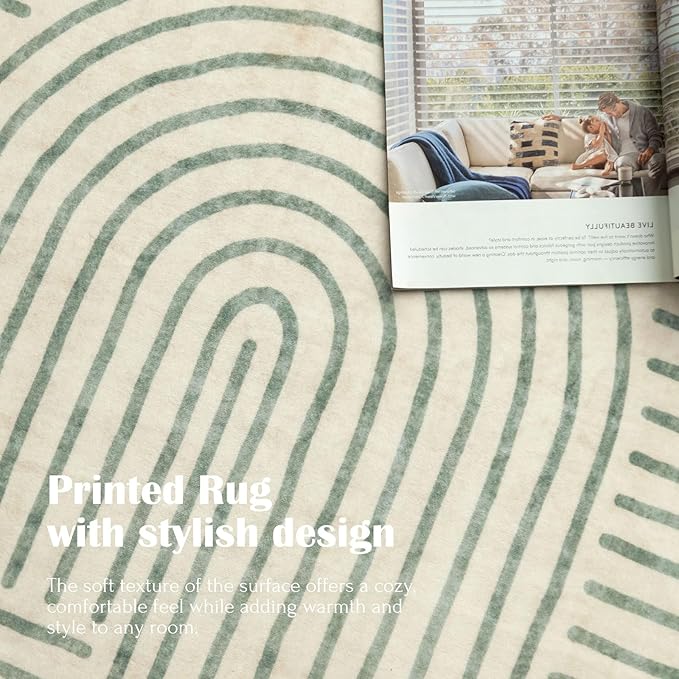 Washable 4x6 Area Rug - Boho Living Room Rug Soft Modern Rugs for Bedroom Ultra-Thin Sage Green Abstract Rainbow Dining Room Rugs Indoor Carpet for Living Room Nursery Room