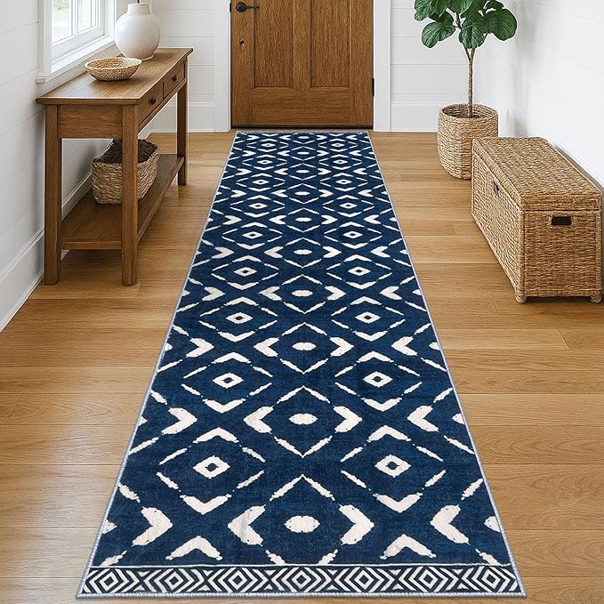 KILOCOCO Hallway Runner Rug 3x10 Runners for Hallways Washable Runner Soft Non Slip Printed Geometric Rubber Backed Low-Pile Rug Runners for Bedroom Kitchen Living Room Boho Rugs, Blue