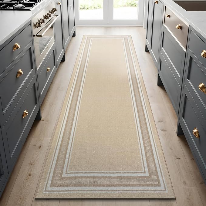 Beverly Rug Non Slip Area Rugs 2x5 Modern Bordered Non Skid Rubber Backing Soft Runner Rug for Living Dining Room Easy to Clean Non Shedding Kitchen Bedroom Indoor Carpet 2 x 5 Beige