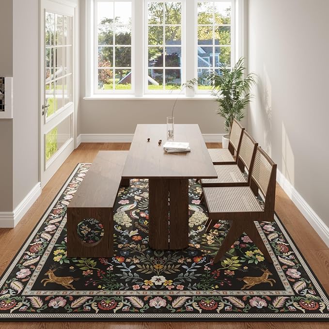 Rugcomf 9x12 Area Rugs for Living Room Washable Rug Floral Non-Slip Large Rug for Living Room, Bedroom, Farmhouse, Dining Room, Kids Playroom (Vibrant Black)