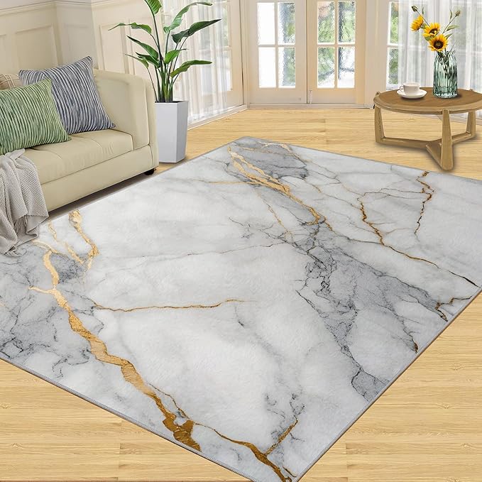 3x6 Abstract Marble Bedroom Rug Under Bed - White-Marble Kids Room Rugs, Modern Luxury Bedroom Runner Rug Soft Washable for Living Room Kitchen