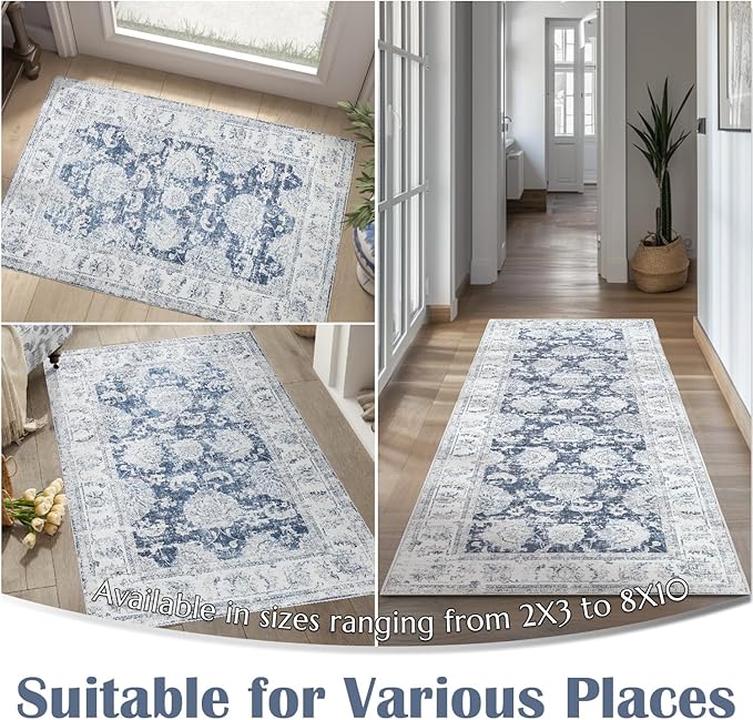 jinchan Fiora Runner Rug 2x5 Washable Hallway Runner- Vintage Floral Non Slip Low-Pile Soft Thin Kitchen Rug Distressed Carpet for Farmhouse Bedroom Entryway Laundry Room(2x5ft, Dark Blue)