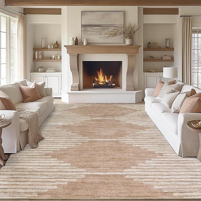HelloTree Area Rug for Living Room 9x12 Washable Geometric Moroccan Rug Stripe Farmhouse Bohemian Non Slip Non Shedding Ultra Thin Soft Rug for Bedroom Office DiningRoom Nursery-Pink&Khaki