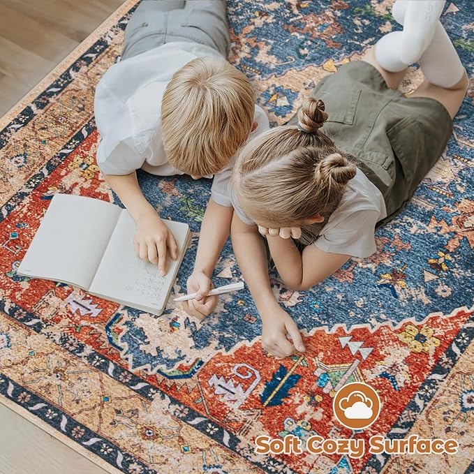 Area Rug 9x12 Washable Rug, Vintage Boho Medallion Rugs Non-Slip Soft Low Pile Large Distressed Rug Indoor Retro Carpet for Living Room Bedroom Dining Room Home Office (Tribal Medallion/Multi, 9'x12')