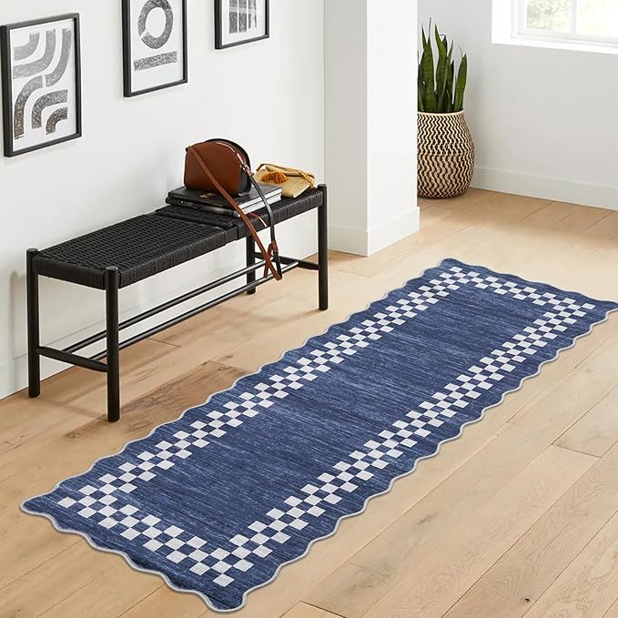 GarveeHome Hallway Runner Rug 2x6 Non Slip Scalloped Washable Rug for Kitchen Entry Stain Resistant Modern Border Throw Floor Carpet Long Runner Mat for Bathroom Living Room Bedside, Blue