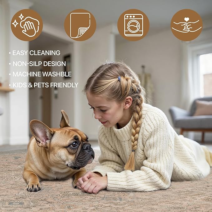 2x10 Runner Rug Machine Washable Boho Runners for Hallway,Ultra-Thin Low Pile Rug,Lightweight Indoor Carpet,Non Slip Floral Runners for Enrtyway, Corridor, Home Office, Kitchen,Light Beige