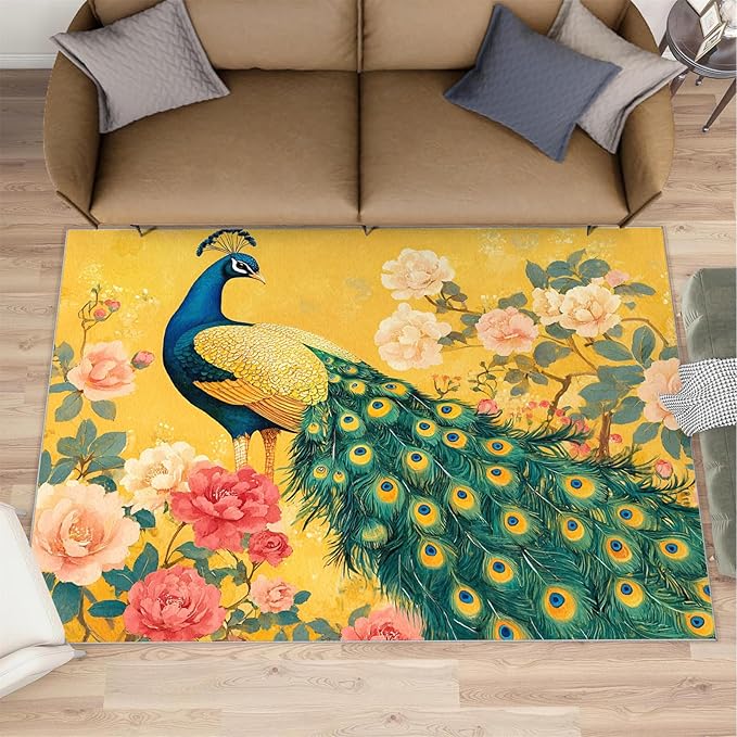 Classic Peacock Rug Small - 3x4 Rug, Peacock Peony Flower Washable Rugs for Living Room, Yellow Teal Turquoise Carpet, Non-Slip Area Rugs for Bedroom, Aesthetics Carpet - Peafowl Home Decor & Gifts