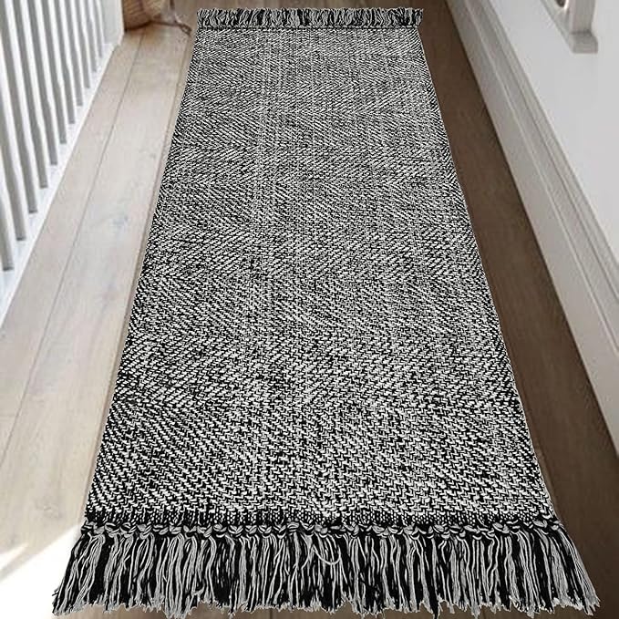 Collive Hallway Runner Rug, 2' x 6' Hand-Woven Reversible Washable , Black Cotton Modern Farmhouse Laundry Room Rug Long Carpet for Bathroom Sink Foyer Bedroom