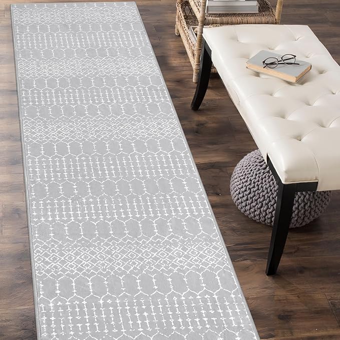 Lahome Moroccan Washable Rug Runner 2x10 Non-Slip Runner Rug for Kitchen Stain Resistant Grey Carpet Runners for Hallway 10 Ft, Modern Geometric Print Soft Floor Carpet for Bathroom Entryway Foyer
