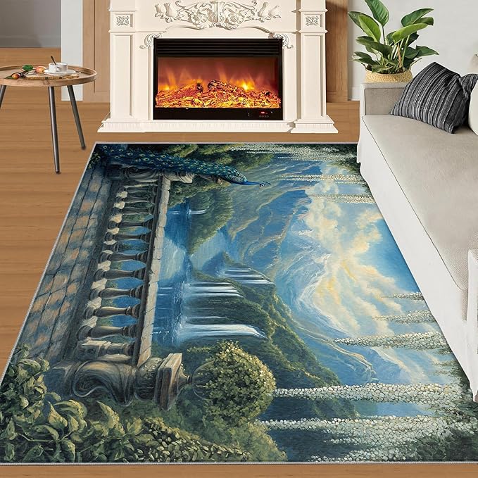 Peacock Rug Large - 6x8 Rug, Peacock Decor Washable Rugs for Living Room, Nature Waterfall Carpet, Natural Landscapes Non-Slip Area Rugs for Bedroom, Aesthetics Carpet - Peafowl Home Decor & Gifts