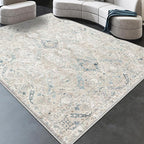 8x10 Area Rugs for Living Room, Machine Washable Non Slip Vintage Retro Rugs, Low Pile Lightweight Chenille Print Indoor Rug for Bedroom, Dining Room, Home Office(Grey/Blue/TAN/Teal/Green)