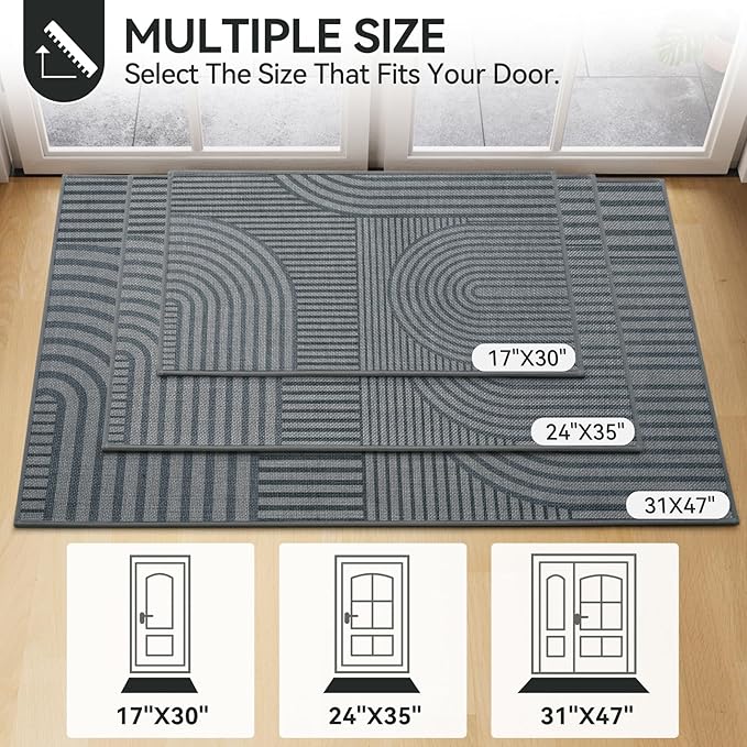 Front Door Mat 24''x35'', Absorbent Muddy Dirt Resist Washable Non Slip Low-Profile Indoor Doormat, Easy Clean Welcome Entryway Door Mats, Grey