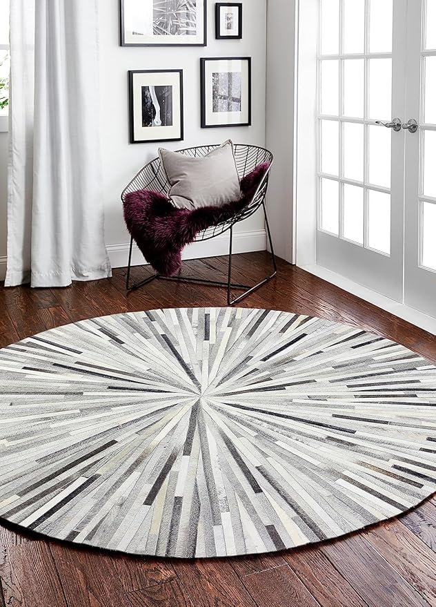 Faux Cowhide Round Area Rug | Non-Slip Leather Floor Carpet for Living Room, Bedroom, and Home Décor | Modern Stylish Accent Rug(Grey_6x6)