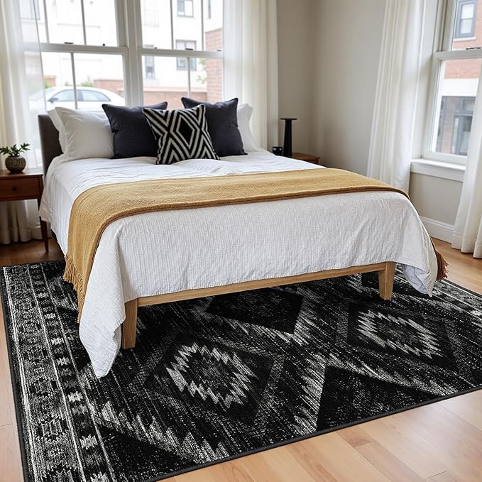 Area Rug 7x9 Rug Machine Washable Non-Slip Low Pile Print Pattern Western Rug for Living Room Bedroom Entryway Tribal Series-Black
