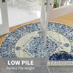 Easy-Going Round Area Rug 3ft Washable Boho Small Circle Rugs for Living Room Non-Slip Bedroom Rug Low Pile Lightweight Vintage Distressed Throw Rug for Dining Room Kitchen Home Office, Blue Cream
