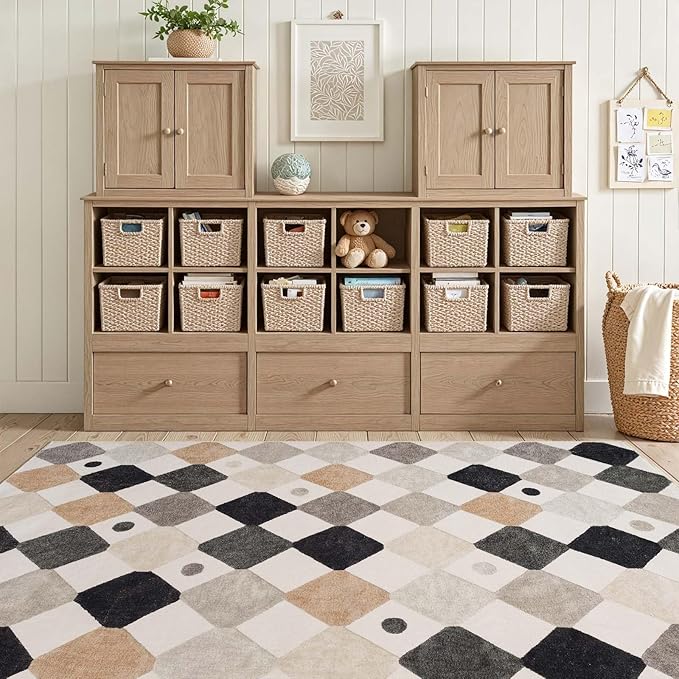 jinchan Macy Area Rug 5x7 Kids Washable Indoor Non-Slip Black and White Modern Soft Rug Elementary School Classroom Diamond Carpet for Nursery Playroom Daycare Bedroom Living Room Dorm Marble on Cream